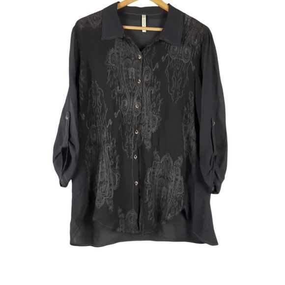 XCVI Tops - XCVI Button Up Stitch Blouse Embroider Gray Size Medium